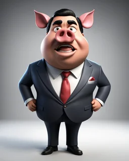 An 3D image of a comic character of Iván Duque Márquez, fat, with a pig's nose and ears, in a suit, a little angry.