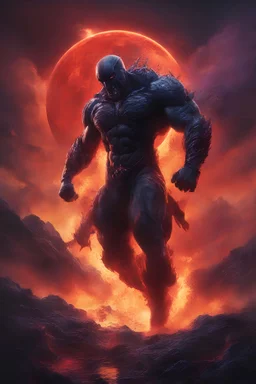 the Phantom, Strong, athletic physique, action poses, battle scars, blood, foggy, cloudy background, multicolored lightning, flowing lava, Full Eclipse, aliens, explosions, bright, vibrant, extremely colorful, detailed, blood red skies