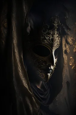 An intriguing, chiaroscuro-style portrait of a mysterious figure wearing a Venetian mask, shrouded in shadows and a dramatic play of light and dark, capturing the enigmatic aura and the intricate details of the ornate mask.