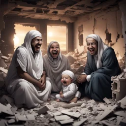 Hyper Realistic Arab leaders laughing & a crying baby in a destroyed house with broken walls at night