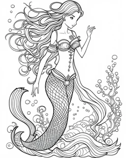 A mermaid, coloring image, full body (((((white background))))), only use an outline., real style, line art, white color, clean line art, white background, Sketch style