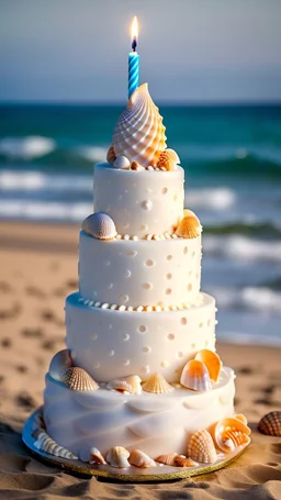 birthday cake shaped like a shell, decorated with shells and candles, in Hawaii beach, hyper realistic, in broad daylight, intricate details