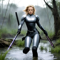 Jeri Ryan as Seven of Nine (born Annika Hansen) is a grey Jedi in fury with her lightsaber in the middle of the battlefield jumping in a swamp during Order 51