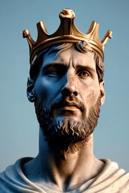 Ultra Realistic image, Roman sculpture, white marble material, Lionel Messi, gold crown of natural thorns, god crown, Renaissance style, sun rays background, waist up portrait, epic, celestial, cinematic lighting, God lights, 4k resolution, smooth details, soft lighting, unreal engine 5, art station, substance 3d.