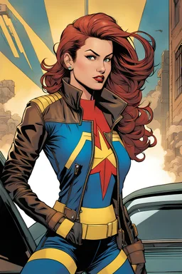 Punk Rock Style Kamila Khan from Marvel, with brown hair and eyes, wearing a leather jacket with the blue, red, and yellow colors of Carol Danvers Captain Marvel costume, with a punk rock fashion style outfit, illustrated by Sean Gordon Murphy