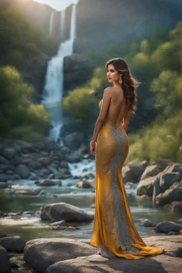 full shot body photo of the most beautiful artwork in the world featuring model, happy mood, High Detail, dramatic, photo realistic, ultra sharp, ultra hd, hyper realistic, ultra realistic, ((((dress)))), trending on artstation, sharp focus, studio photo, intricate details, highly detailed, standing in nice pose in country side with river ,water fall ,rocky valley,mountains at background, pretty clouds