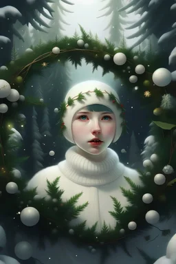 photorealistic Cute fantasy white Christmas fawm wearing a wreath around neck; big pine trees all around; in the style of Bastien Lecouffe Deharme