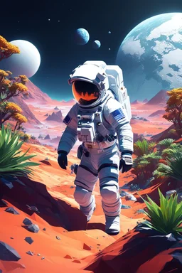 (((close midshot))), (((low poly art:2))), (astronaut), ultra-detailed illustration of an environment on a dangerous:1.2 exotic planet with plants and wild (animals:1.5), (vast open world), astroneer inspired, highest quality, no lines, no outlines candid photography. by Lekrot