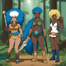 The three women Amazonians from Futurama standing in the forest, Thog (long blond hair with bone hair ornaments in it), Kug (blue hair styled in a mohawk and wears leopard skinned clothing. She holds a wooden mace in her right hand.), and Ornik (afro with animal fur clothing, as well as white earrings and a headband)