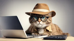 very clever cat with glasses and panama hat playing computer games