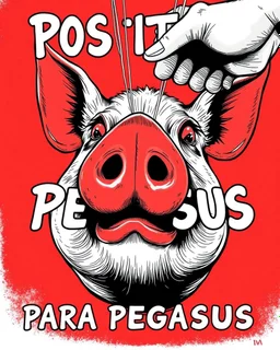 Iván Duque Márquez with a pig's nose, like a title managed with strings by a great hand. With the text: "POSITIVO PARA PEGASUS" Red, black and white colors. Cómic art.