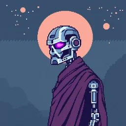 8 bit pixelart of a terminator like robot, synthwave, budist monk robe