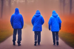 two people seen from behind walking side by side in an empty foggy plain with blue sky above