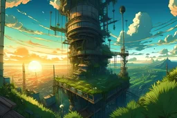 overhead shot, scify city, steampunk, evening time , sun set, plants, grasses, blue sky, dynamic white clouds, magnificent, vibrant, hdr, 4k, 8k, anime style, vector art, low angle shot, aesthetic, Mysterious sketch