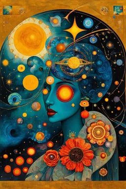 Cosmic Synchronicity ; a mashup of the styles of Gustav Klimt and HundertwASSER; neo-surrealism; golden ratio