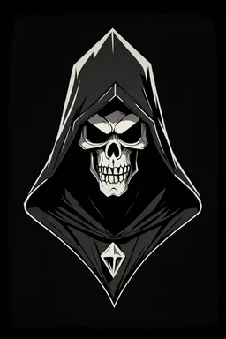 1970s goofy character of a skull face character wearing a black hooded cloak, drawn in a early animation style, inside a lighter diamond shape on a black background, monochromatic