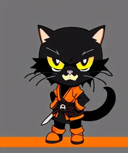 cat 2d, knight, ninja, black fur,full body, orange torn coat,game character, strong, anime, chibi, game sprite, brave, funny