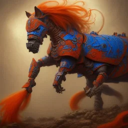 angry horse in orange and blue battle armor, a highly detailed illustration, background of Inka jungle, realistic render, 8 k, micro detail, intricate, elegant, centered, digital painting, Artstation, smooth, sharp focus, illustration, artgerm, tomasz alen kopera, peter mohrbacher, donato giancola, joseph christian leyendecker, wlop, boris vallejo