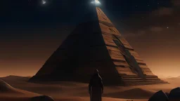 "A super scary cinematic thumbnail for the horror story 'Whispers of the Sands'. The image shows an uncharted ancient Egyptian pyramid under a star-filled sky.Jonah, a seasoned traveler, stands with his back to the viewer, facing the pyramid. A nevil spirit filll s the night