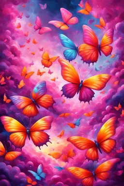 vibrant psychedelic oil painting image, airbrush, 64k, cartoon art image of background PINK and ORANGE BUTTERFLIES , futurism style
