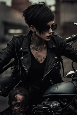 scarred cyberpunk vampire girl with tribal tattoos short cropped cyberpunk hair riding a black cafe racer motorcycle in a post apocalyptic wasteland at 3 am