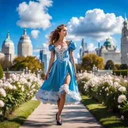 fullbody girl makeup wearing a victorian short dress walking in moder city of 2040 park ,flowers ,pretty clouds in blue sky,city escape.