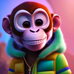 pixar style anamorphic cute monkey baby, smiling, ethereum gold neckless, full body, magenta puffer jacket, manila city backdrop, dramatic lighting, hyper-realistic, unreal engine 5, 16k. full detailed