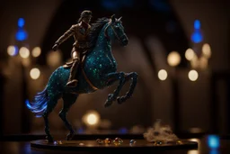 night, dark room, bioluminescent Coloured glass dynamically jumping horse set with gemstones, glittering metal stems and gemstone leaves on a room table sharp focus elegant extremely detailed intricate very attractive beautiful dynamic lighting fantastic view crisp quality exquisite detail gems and jewels S<AI Weight:1 Professional photography, bokeh, natural lighting, canon lens, shot on dslr 64 megapixels sharp focus Weight:0.9