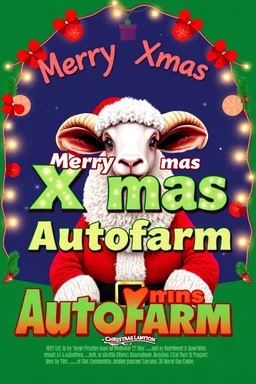 "Design a whimsical 1990s-style movie poster featuring a festive sheep with Santa's jolly characteristics. Capture the playful spirit of 'National Lampoon's Christmas Vacation.' Display 'Merry Xmas Autofarm' prominently in festive, bold letters, framed by twinkling lights and classic Christmas motifs. Use bright, nostalgic colors and playful design elements to evoke retro holiday magic and comedic fun