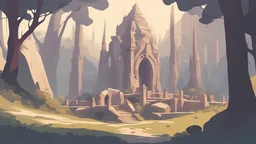 a painting of night abandoned temple with celtic menhirs in Rivendell, Middle-Earth, elvish town, Elf Kingdom:: elvish village :: traditional elven architecture, elvish scene painting :: a storybook illustration by James Gilleard, behance contest winner, 2d game art, storybook illustration, rich color palette, spring:1.5 , flowers:1.5 , waterfalls:1.5 , elf:1.8 , elvish:1.8 , elven:1.8 (night):2