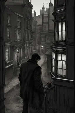 man in dark clothing, hiding around a corner while looking down on a brightly lit Victorian street