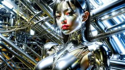 A digital photo by Hajime Sorayama of a beautiful cyborg girl inside a futuristic matrix.