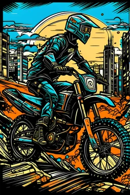 Black 80ies Enduro Motorcycle cruising through an ink-punk styled city, vintage stamp aesthetic, LLart illustration resembling a dynamic comic book panel, vibrant colors, sketched with tiny, intricate details, masterpiece aligning with ArtStation trends, sharp focus, bold high quality, vector style suitable for a t-shirt design, ultra-detailed, high resolution