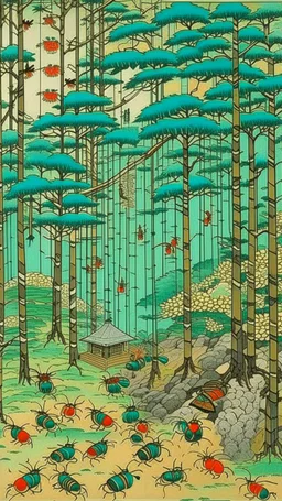 Mint colored woods with insect hives painted by Utagawa Hiroshige