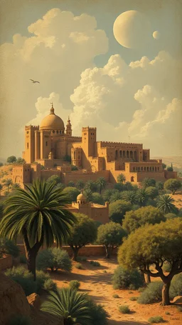 Hieronymus Bosch style , Morocco old Arabian castles and oasis and trees