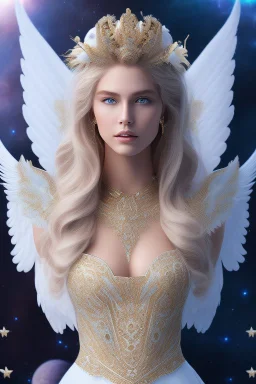 Flower, angel man, (detailed face )++, (detailed blue eyes)++ (long blond hair)++(pectoro visible)++(smile)++, , (two feathered wings on his shoulder blades)++, beautiful place, incredible, cosmic, colours, planet, gold, realistic, real photo, stars at night, detailed, high contrast, 8k high definition, unreal engine 5, extremely sharp details, (lighting effect, light background)++.