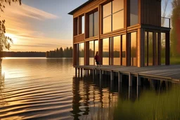 haus am see, auf pfählen, modern, grosse fensterfront, holzfassade, frau im vordergrund, sonnenuntergang