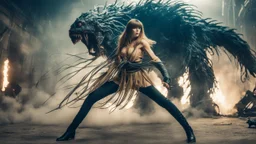 Full-body retro photo of a woman with straight hair and a Fringe, in a fight with a monster, wrapped in tenacles, in an action pose, sci-fi Background