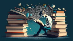 Description of the image: An image representing a person engaged in focused reading and learning, with books and articles spread out in front of them, symbolizing dedication to continuous learning and self-improvement.