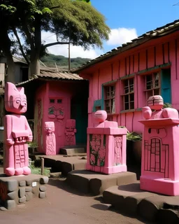 A rosy pink crumbling village designed in Hawaiian tiki statues painted by Stuart Davis