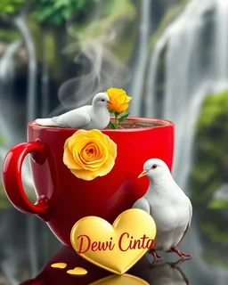 hyper realistic image of a glossy shiny vibrant red large cup of coffee with steam , a beautiful white dove sitting near the cup and holding a yellow rose, and the text 'Dewi Cinta' in a stylish font. Add a golden heart with the word find detail 'Dewi Cinta' written on it to enhance loving atmosphere. background blur lush greenery green waterfalls , ultra HD 64k hyperrealism studio lightning light reflection macro photography sharp focus