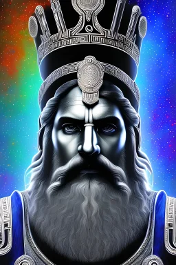 photo realistic, symetrical, centered, ultra detailed, digital art, in center is a portrait of highly detailed greek colossus god zeus wearing futuristic high tech rave glasses surrounded by galaxy codes seeking knowledge, gray beard, crown filled with crystals, detailed face with human skin color, eyes filled with galaxy, dominating colors = gray light blue and dark gold, lightning, smoke,