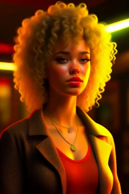 casino, a cute curly blonde latino female chat robot that stares at us like we are the prettiest demons she has ever seen, its such a perfect day, motion blur, smoke, 8k, downlight, soft light, depth of field, photorealism, trending on art station, lotsa detail