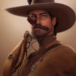 portrait,"Insanely detailed photograph of a male western mustachioed crossbowman", detailed charro and Sombrero, digital painting,eye patch, cigar, artstation, concept art, sharp focus, illustration, art by artgerm and greg rutkowski and alphonse mucha, 8 k,fantasy, unreal engine