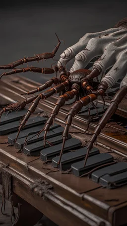 Ugly , Evil rusted hands on an old piano keyboard with spider on the keyboard