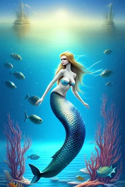 long hair mermaid with white top on the rock in the ocean