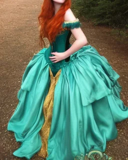 Magic princess with long auburn hair in a big teal green and gold satin ballgown corset off shoulder top casting magic