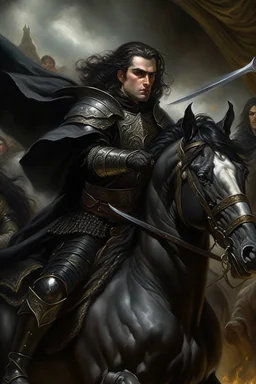 Oil painting of a king Very handsome with black hair poked on his black horse and wearing full black and fur Raset battle and those around him fighting Photorealistic