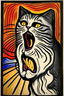 Cat holding her head. The scream Edvard Munch. Painting style of Edvard Munch