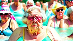 older lady pouting at a crowded water park